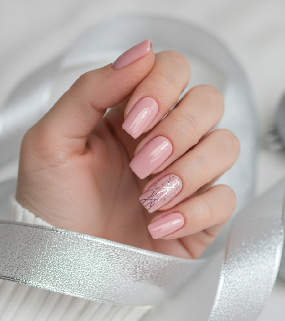 silver lines on blush pink nails