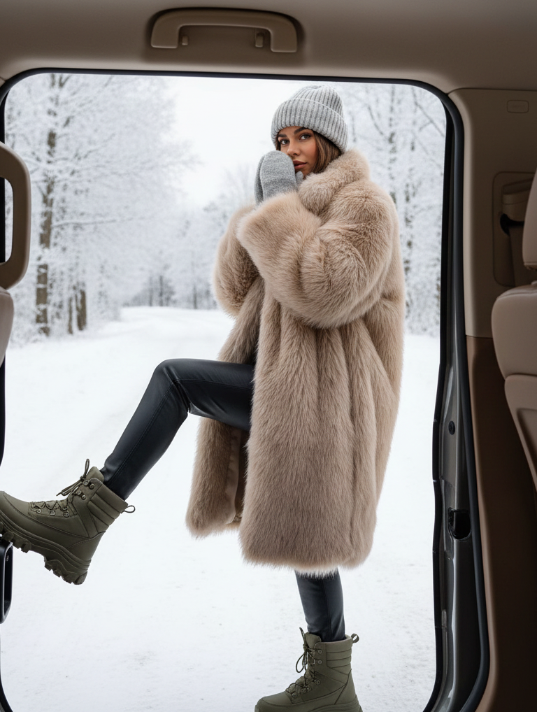 fluffy beige fur coat