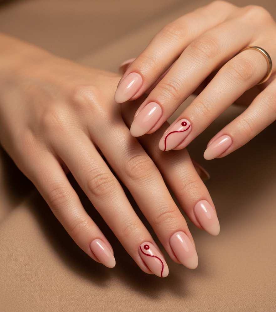 red and nude accent nails
