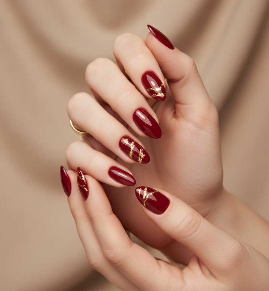 red + gold nails