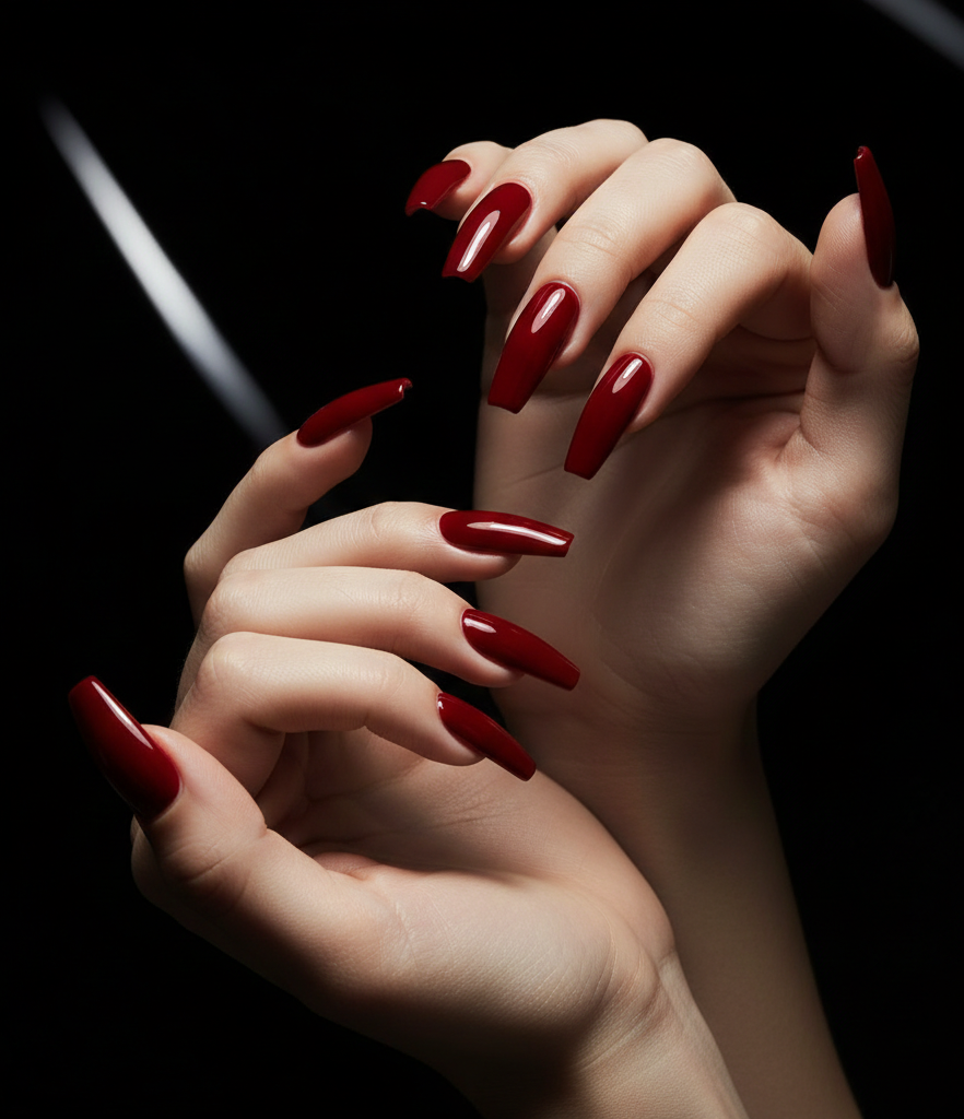 long coffin red nails