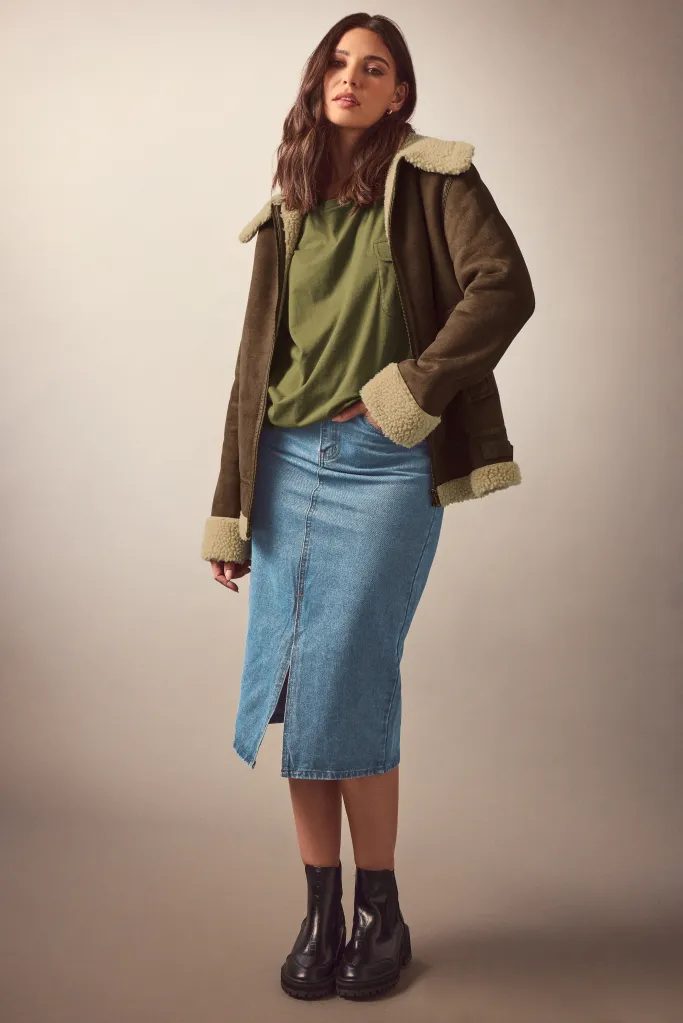 chunky boots denim skirt