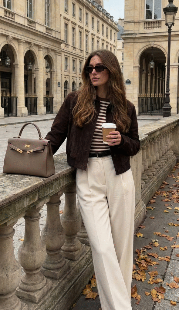striped top and white pant outfit