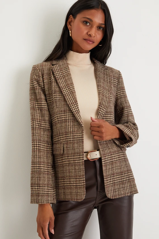 plaid brown tweed blazer for women